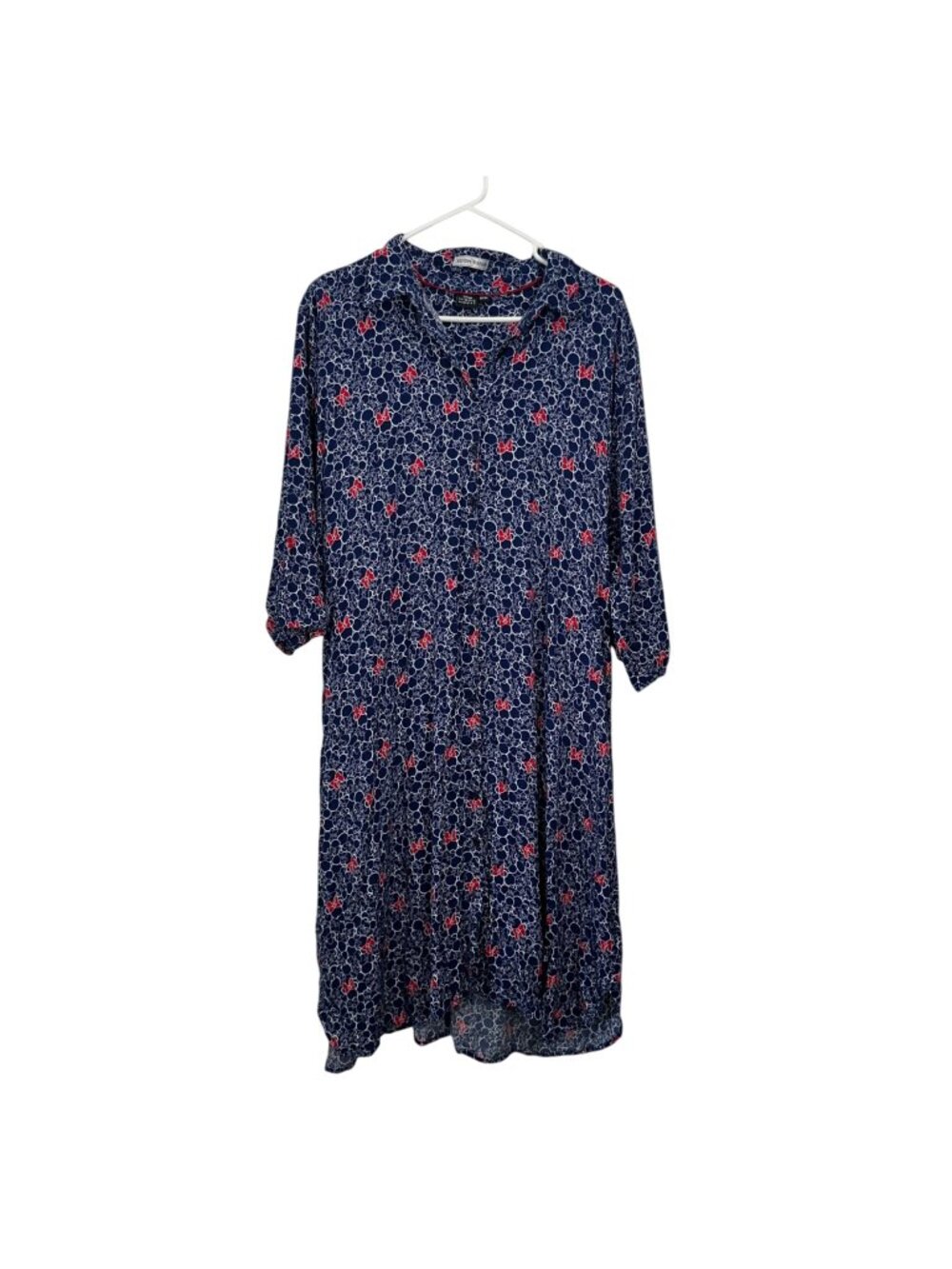 Disney Minnie Mouse Women SZ 1X  Navy Bow Print Shirt Dress 3/4 Sleeve V-Neck